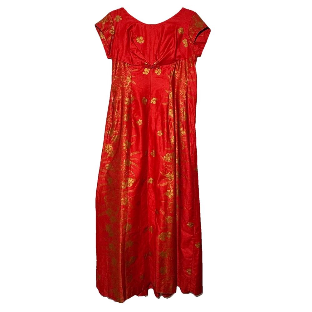 Vintage 60s Hawaiian Togs Maxi Dress Red Gold Metallic Floral Draped Back Small